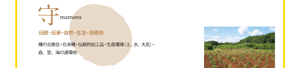 守　mamoru　伝統・伝承・自然・生活・技術他　種の交換会・在来種・伝統的加工品・生産環境（土、水、大気）・森、里、海の連環他